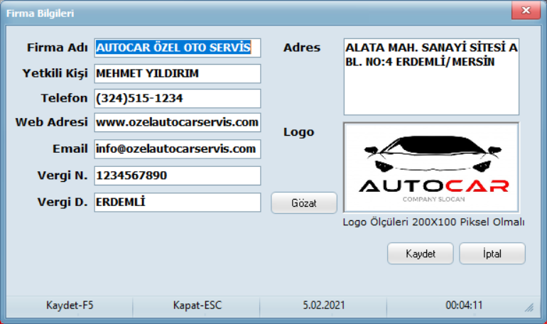 Firma bilgileri ekranı