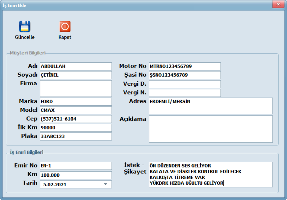 İş emri ekleme ekranı